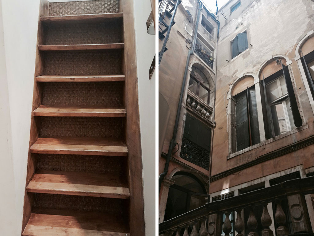 Two images: an interior set of stairs, and a building with many floors