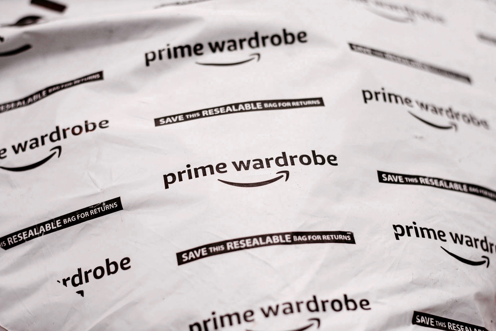 A closeup of the shipping bag that reads "Prime Wardrobe"