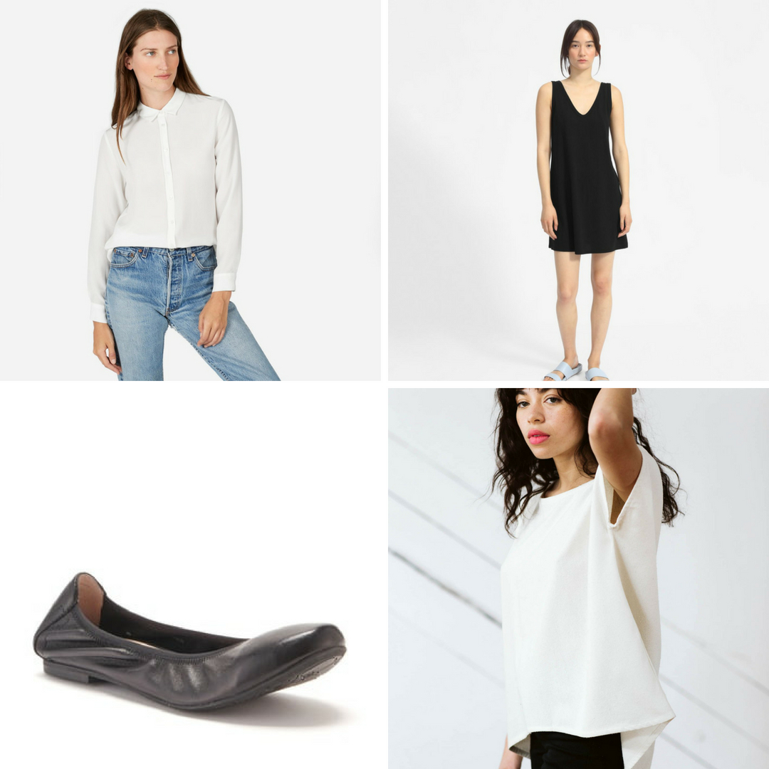 A collage of clothing items from Everlane, Only Child, and Blondo