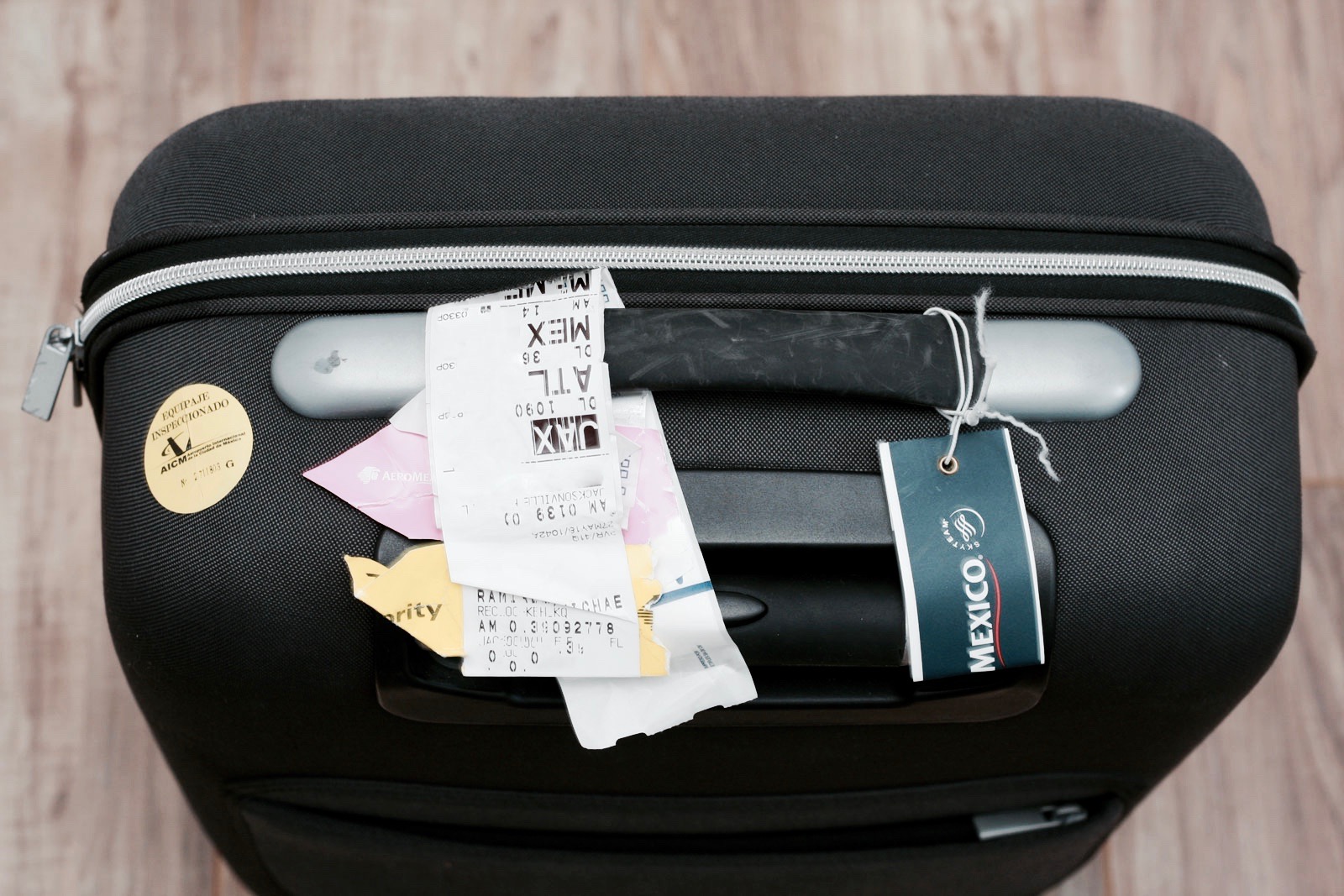 A suitcase with bag tags