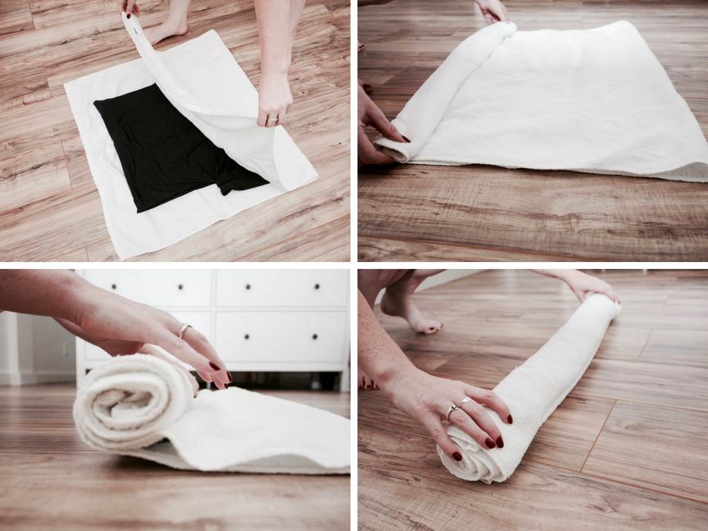 A collage of Alyssa rolling a garment in a towel to dry