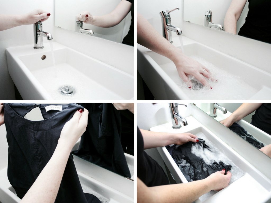 A collage of photos of Alyssa washing a silk dress in a sink