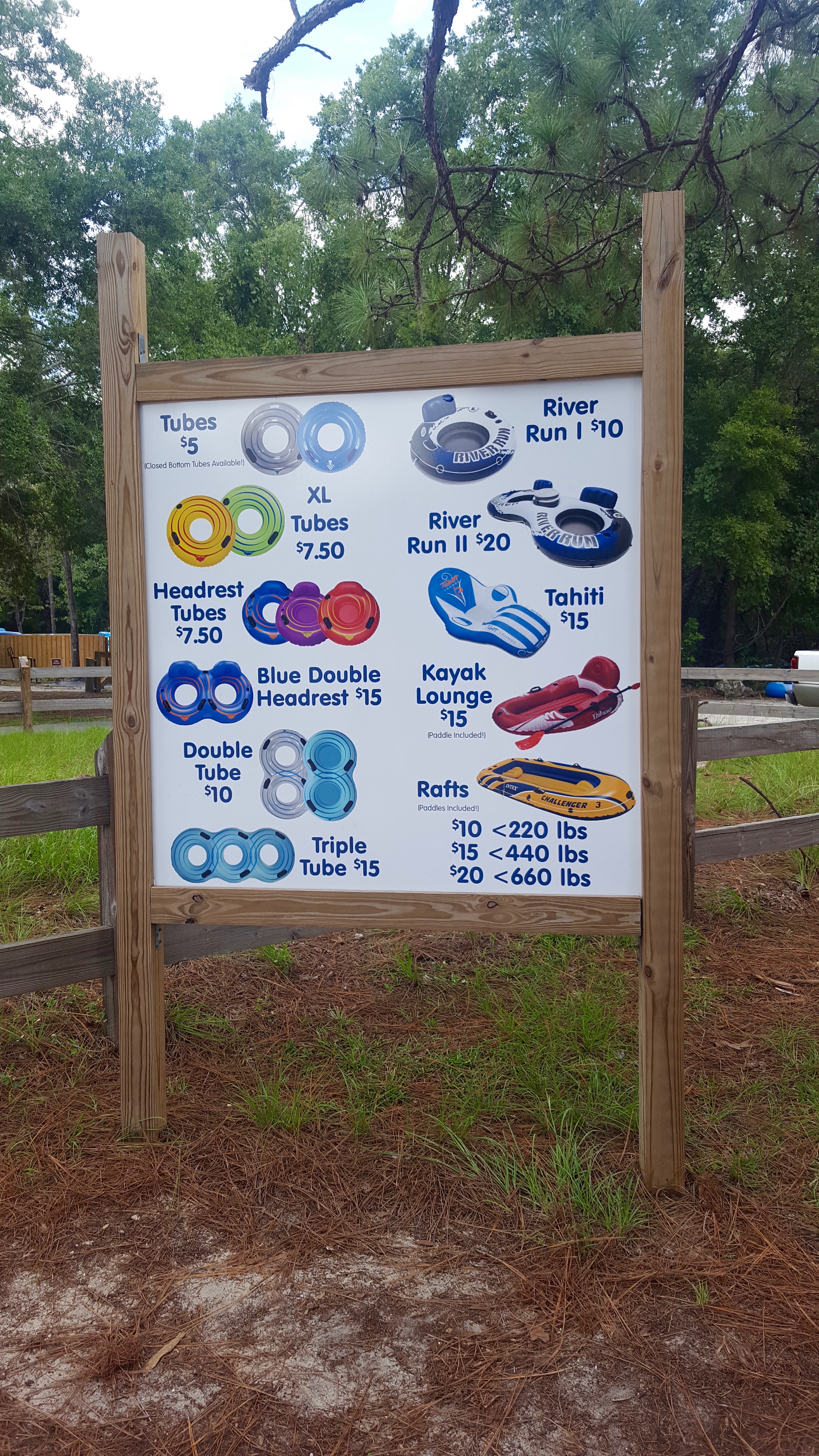 A sign advertising Ichetucknee tube rentals