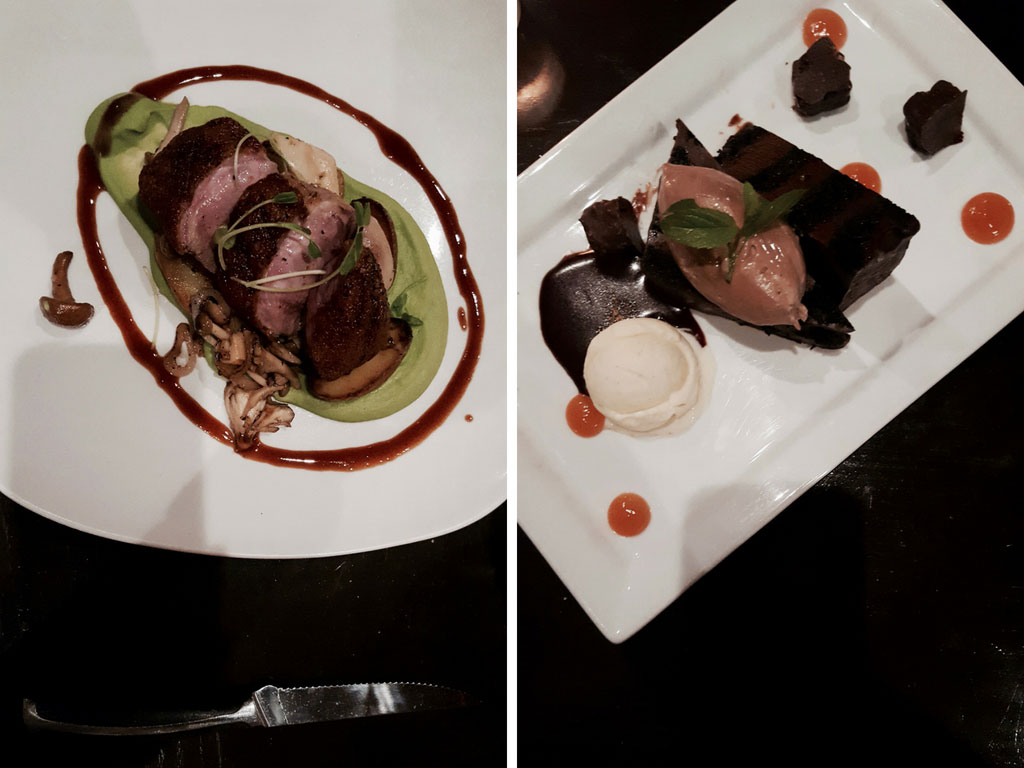 Two dishes from Bistro Aix: Duck and Dessert