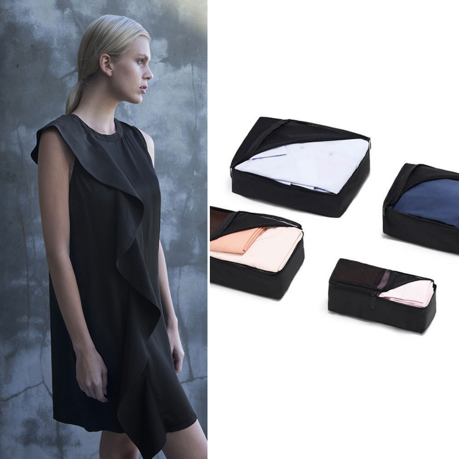 A Cuyana Silk Ruffle Dress and a set of Away Packing Cubes