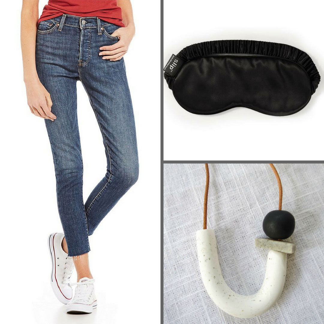 A pair of Levis skinny jeans, a Slip Mask, and a polymer clay Necklace