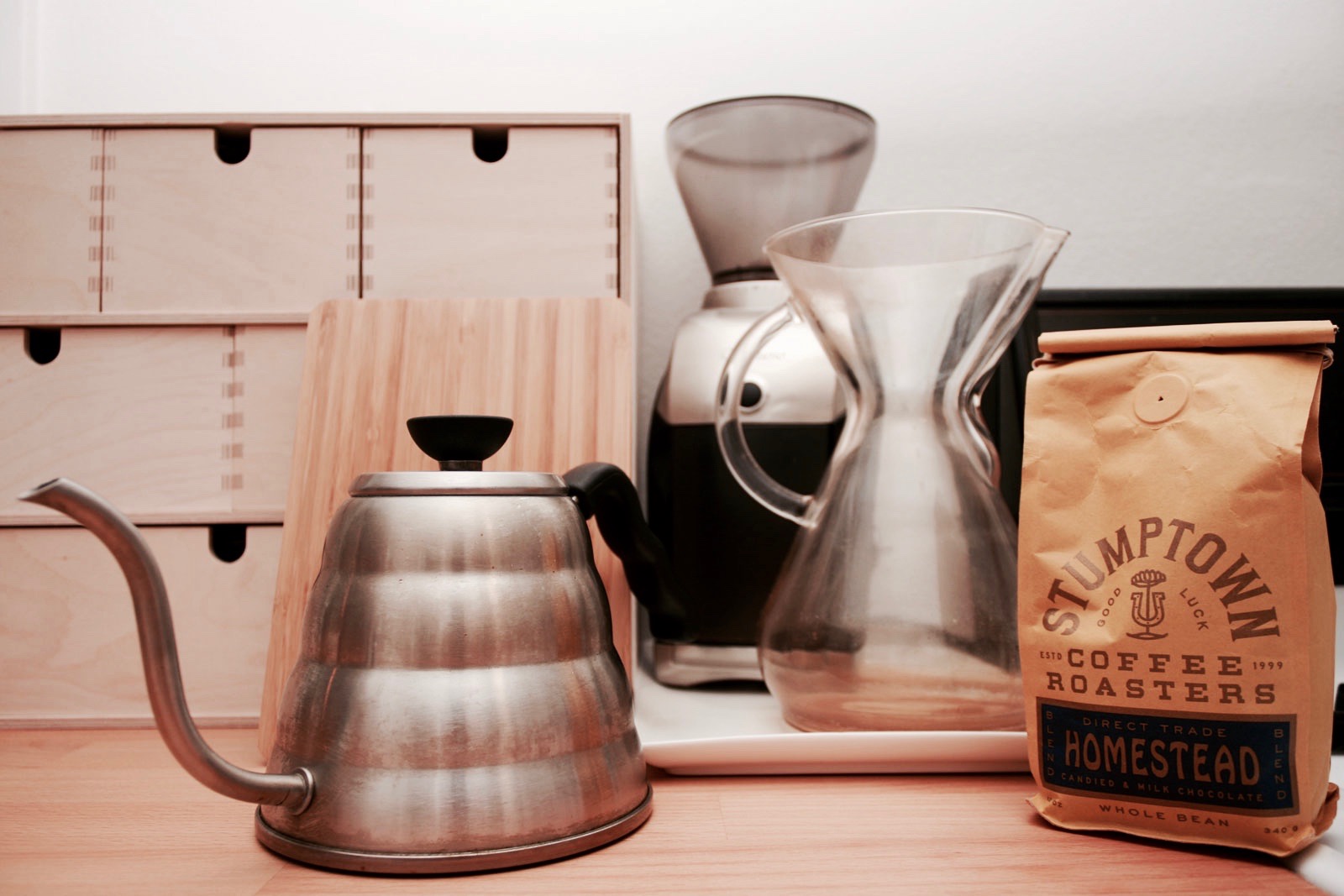 The setup for brewing coffee at home