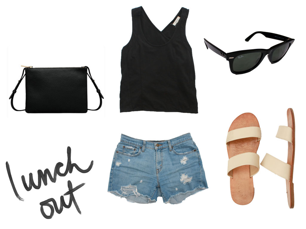 A collage with a tank top, shorts, sandals, bag, and sunglasses
