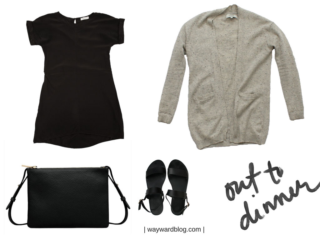 A collage with a black dress, sandals, purse, and sweater