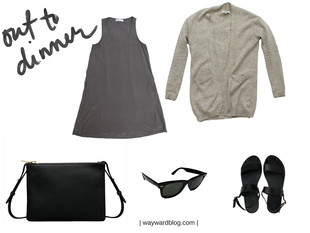 A collage of a grey dress, grey sweater, black sandals, black purse, and black sunglasses