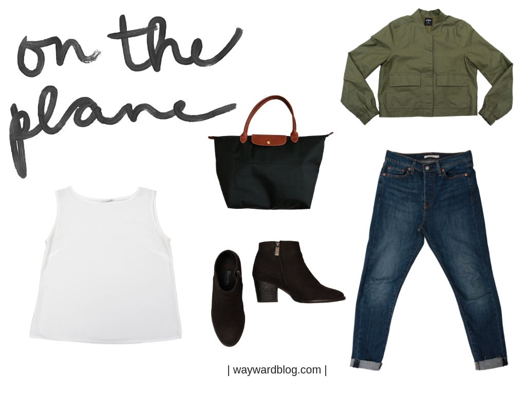 Airplane Outfit 1: a white tank, blue jeans, black boots, and green jacket