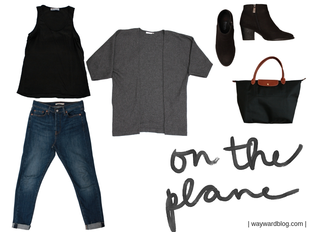 Airplane 2 Mexico City Outfit: blue jeans, black tank, grey sweater, and black boots