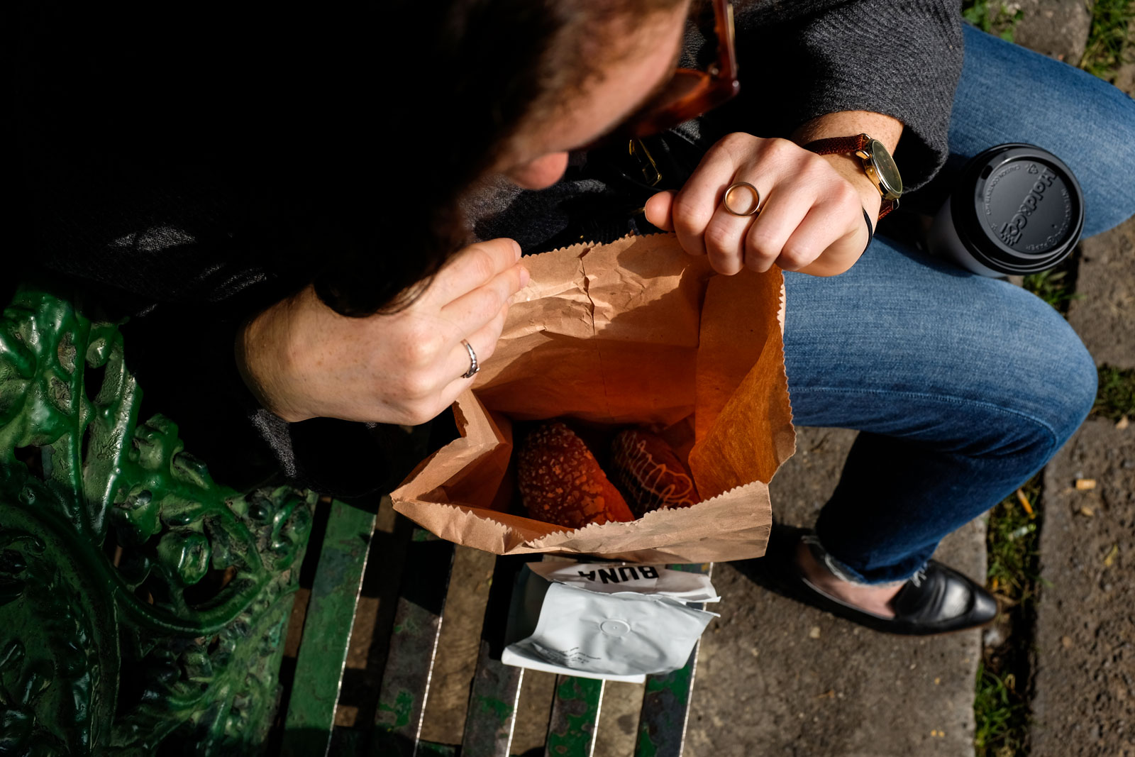 Alyssa peers into her bag from Panaderia Rosetta