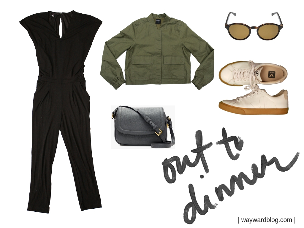 An Evening Outfit in Mexico City: a black jumpsuit, a green jacket, sneakers, and purse