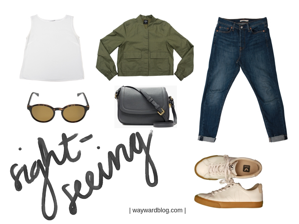 Sightseeing Mexico City 1: a white tank, green jacket, blue jeans, and white sneakers