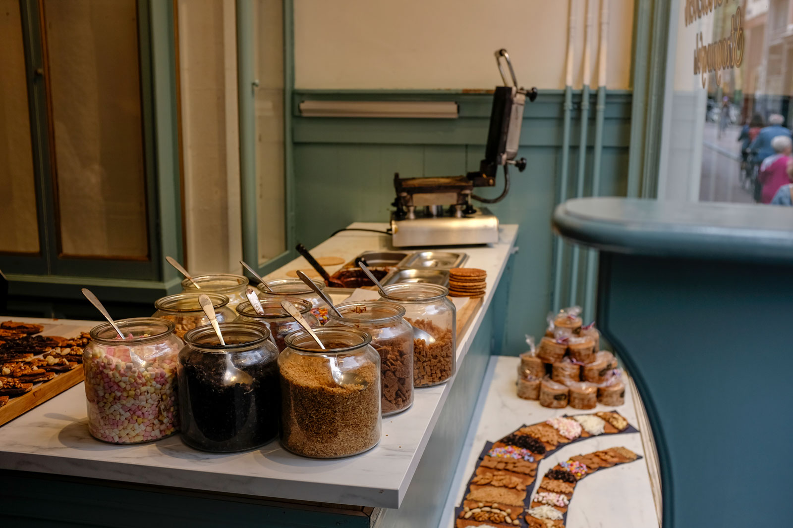 An array of stroopwafel toppings at van Wonderen Stroopwafels