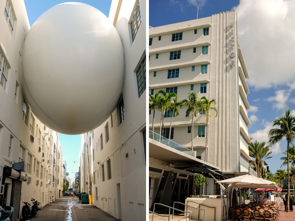 Two photos of Miami Beach Architecture: An egg in between two buildings and Victor
