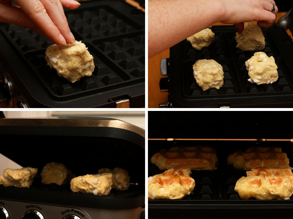 Alyssa places dough in a waffle iron to cook