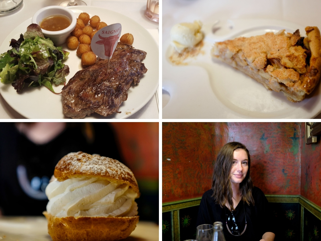 A steak and two desserts at Chiggeri in Luxembourg City, and Alyssa at the table