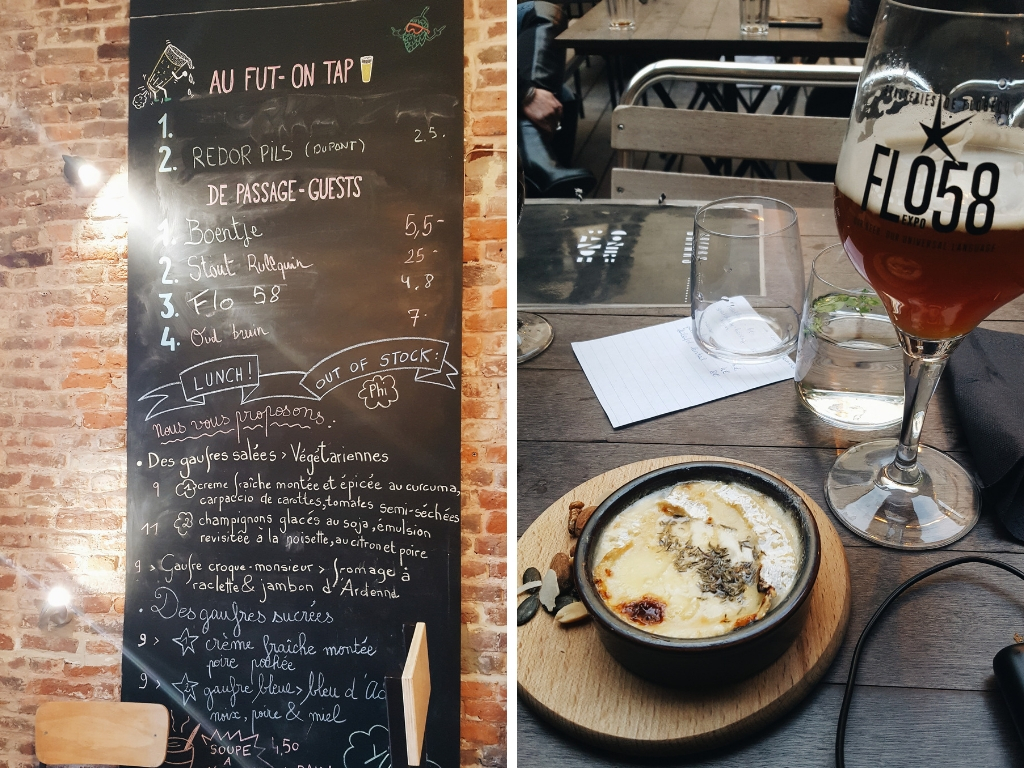 Two images: the menu at Contrebande Bar in Brussels and a cheese and beer