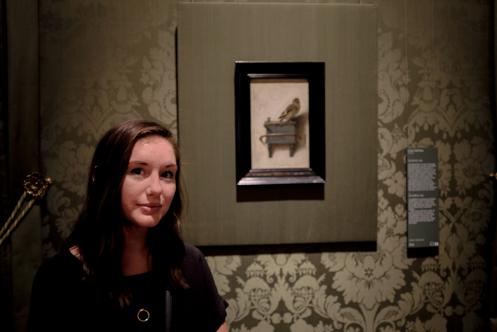Alyssa stands in front of the Goldfinch painting at the Mauritshuis