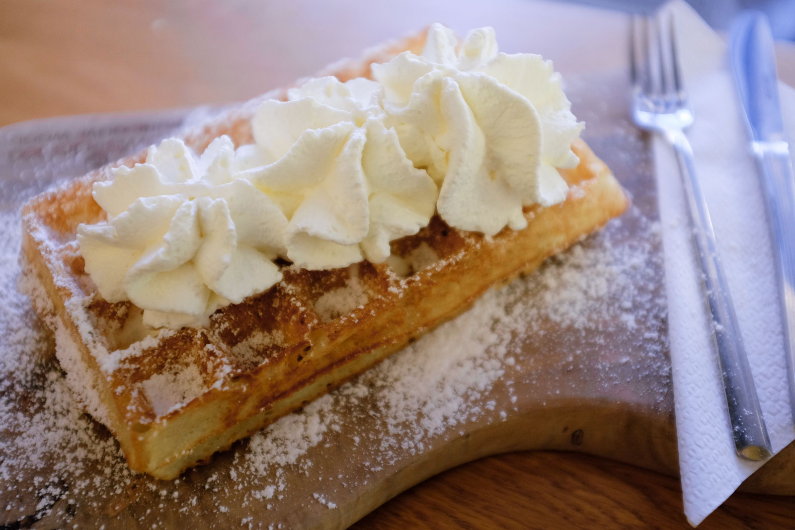 A waffle with whipped cream from Gaston