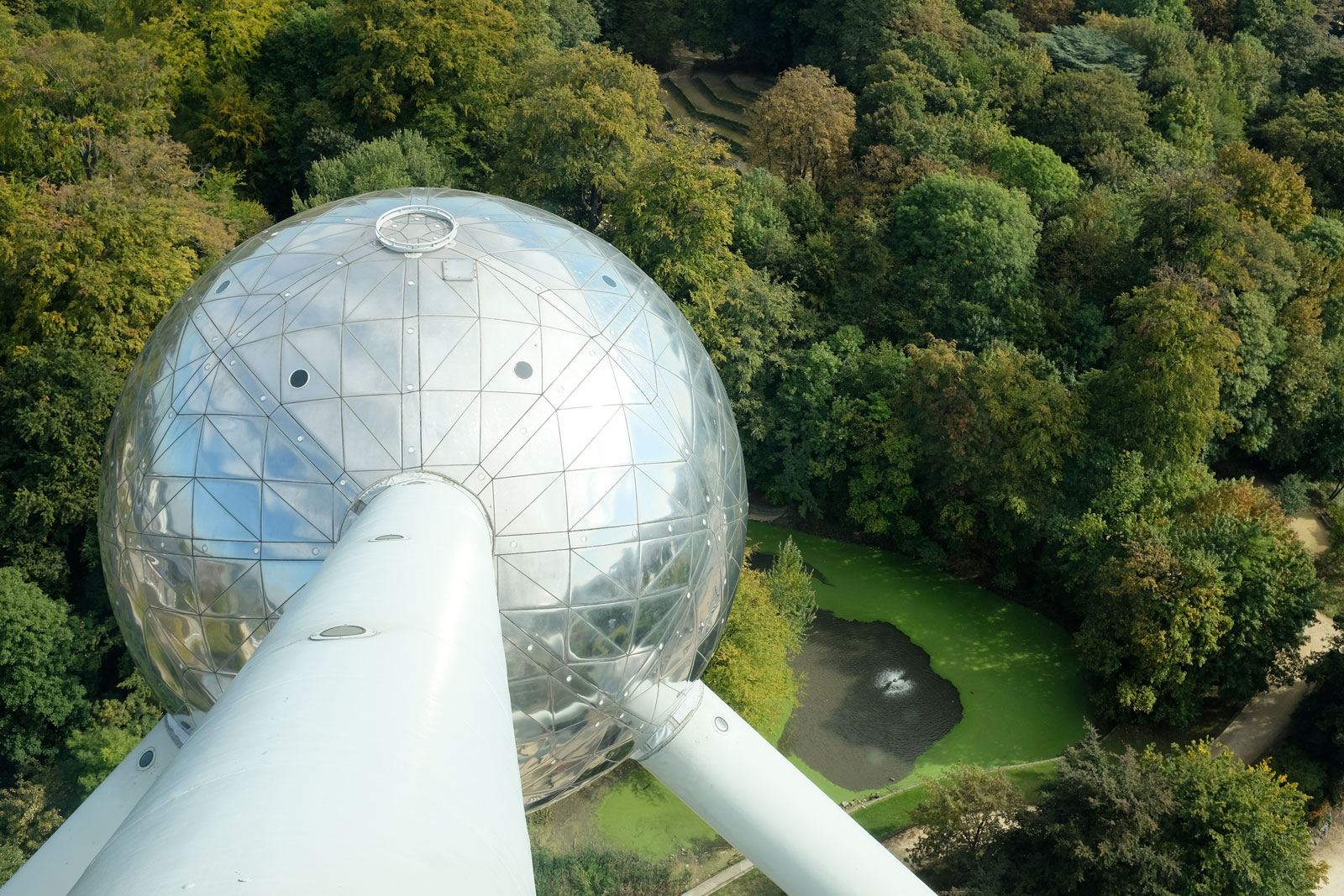 A photo taken from inside the Atomium, looking down on the lower levels
