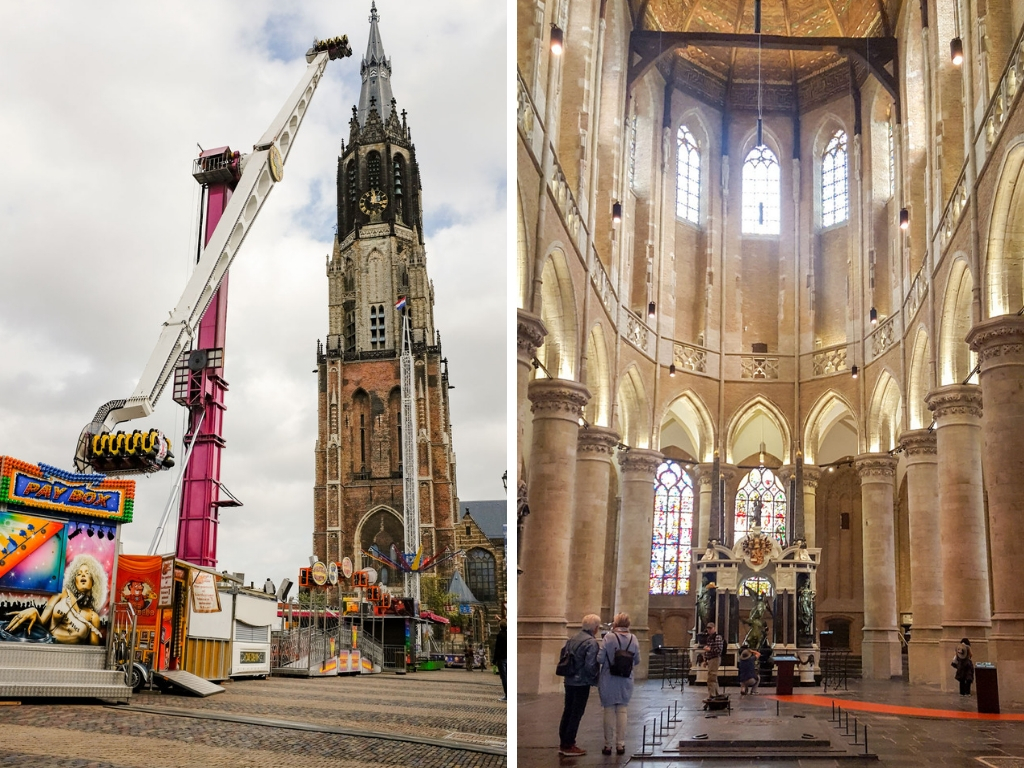 Two images: a fun fair outside of Delft's New Church and the interior of the church