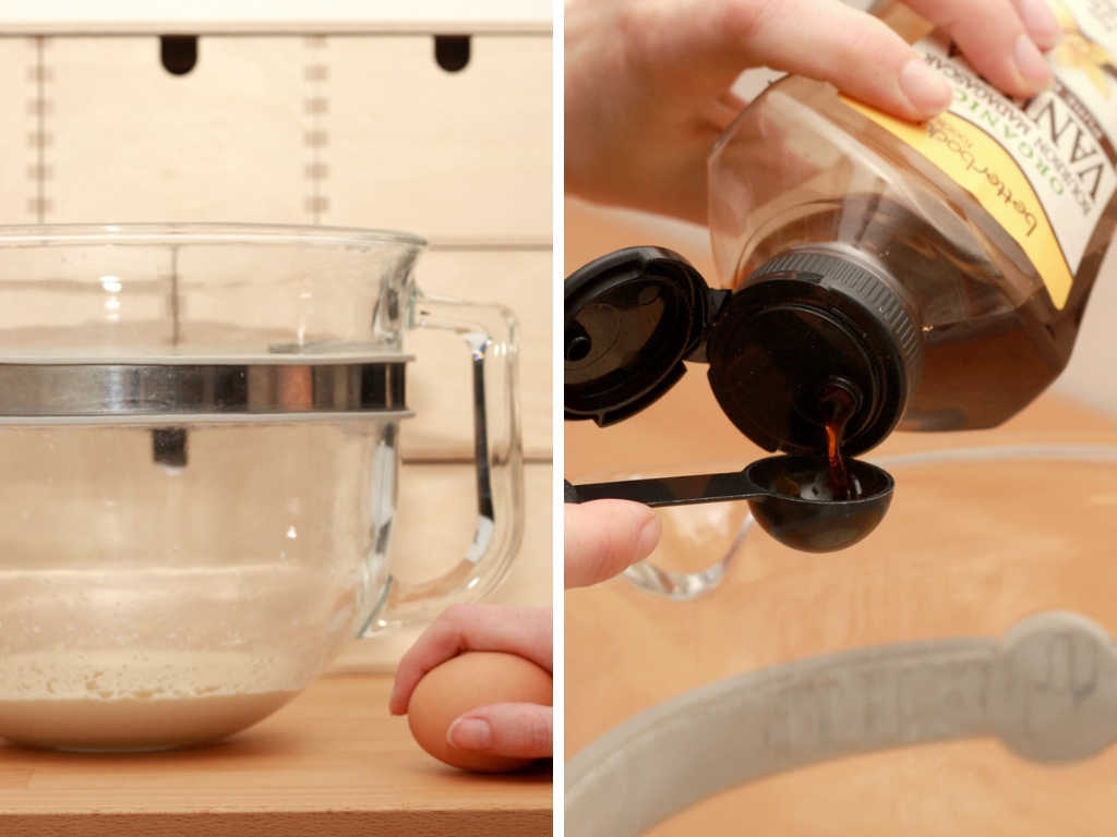 Alyssa cracks an egg and adds vanilla to the batter