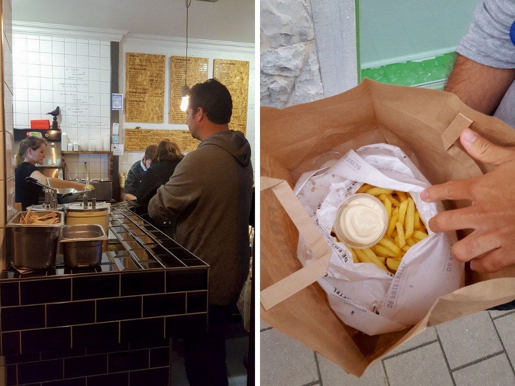 Two images: the line at Frietketel Ghent and a massive bag of fries