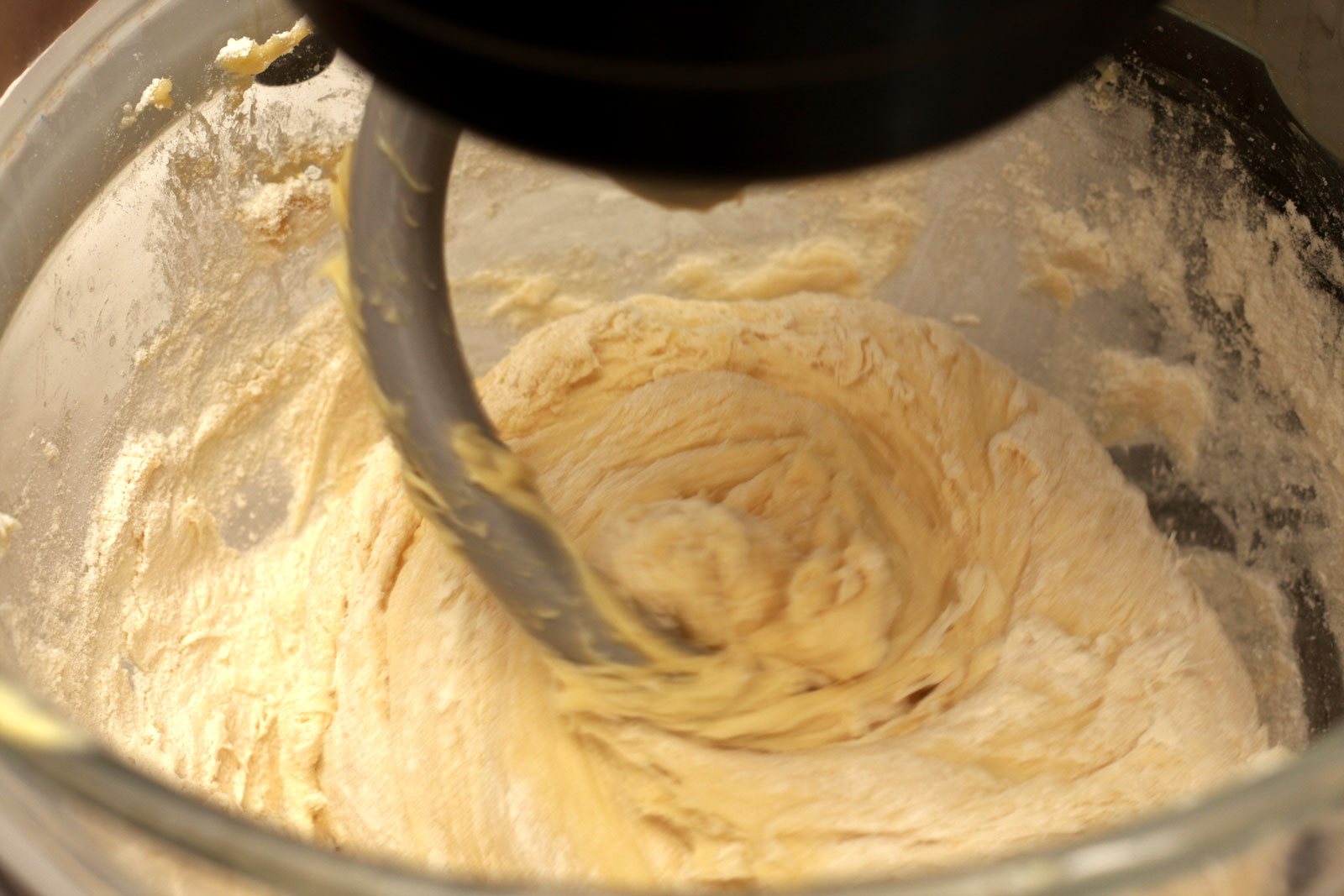 A stand mixer works a liege waffle dough