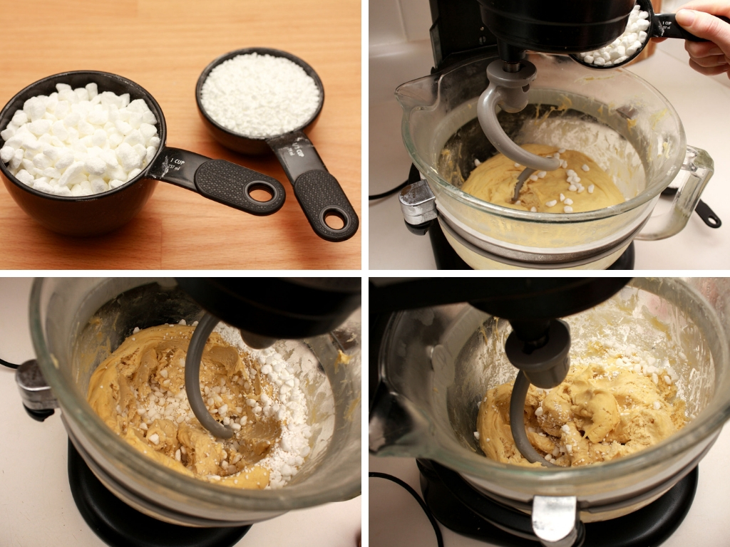A stand mixer kneads pearl sugar into dough
