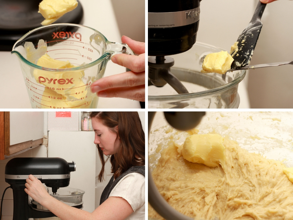 Alyssa measures a lot of butter and adds it to the batter a little at a time