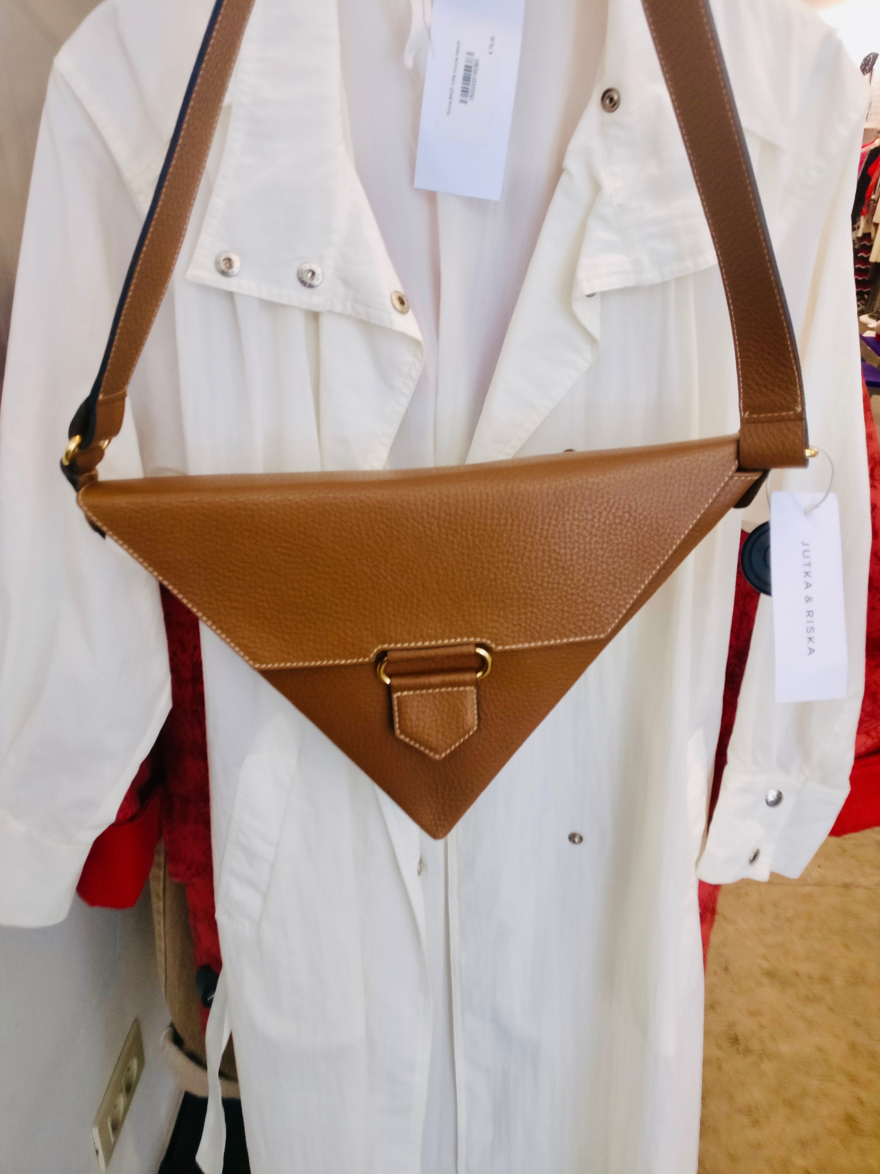 A triangle-shaped purse in a shop in Antwerp