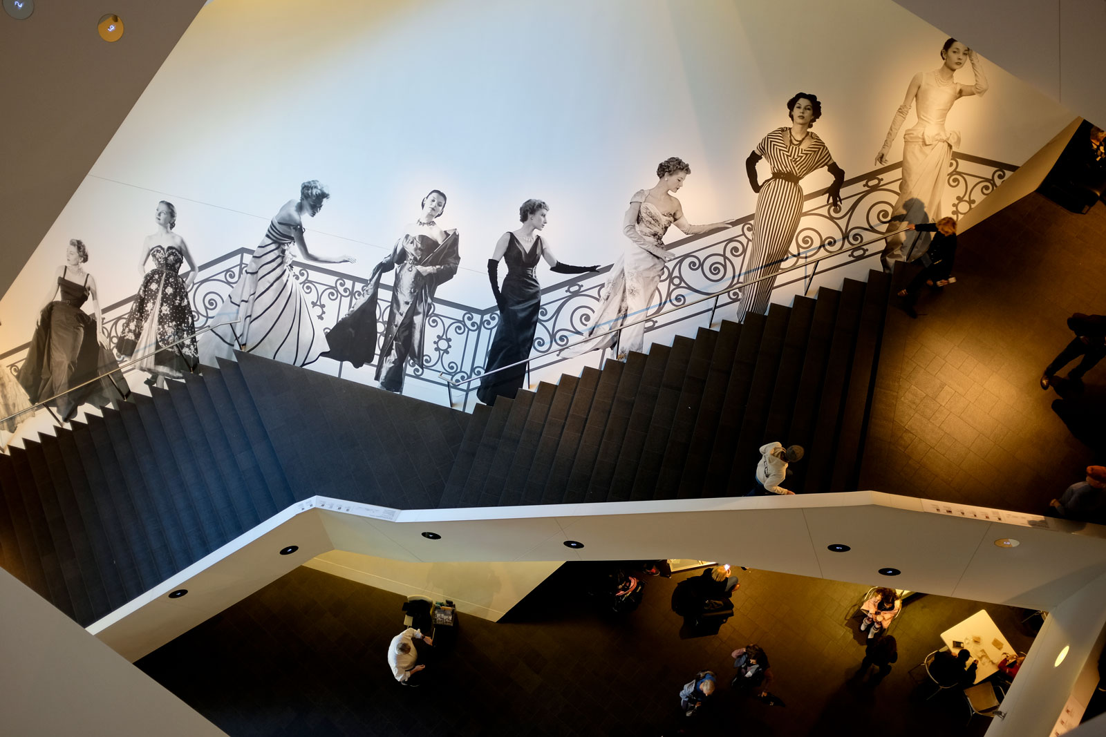A look down the staircase for the Denver Art Museum Dior exhibit