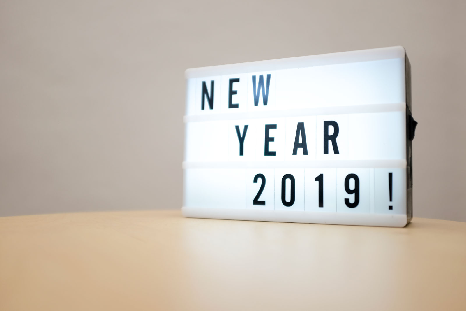 A lit marquee sign that reads New Year 2019!