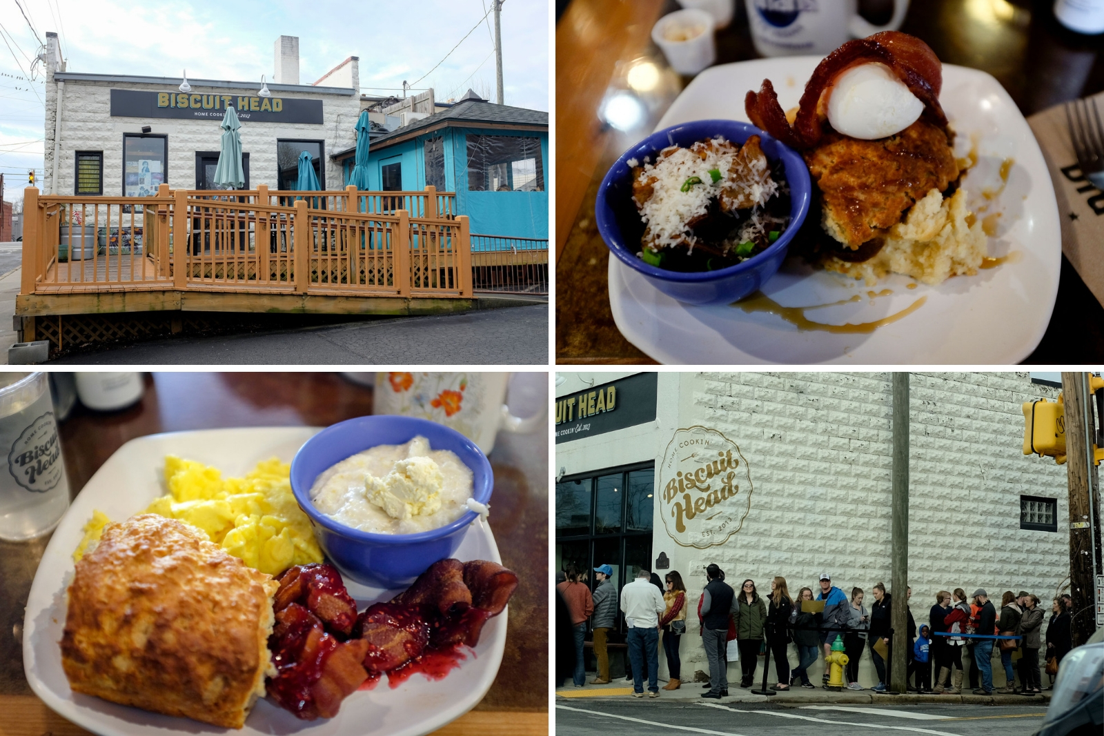 The exterior of Biscuit Head Asheville and two plates of biscuits