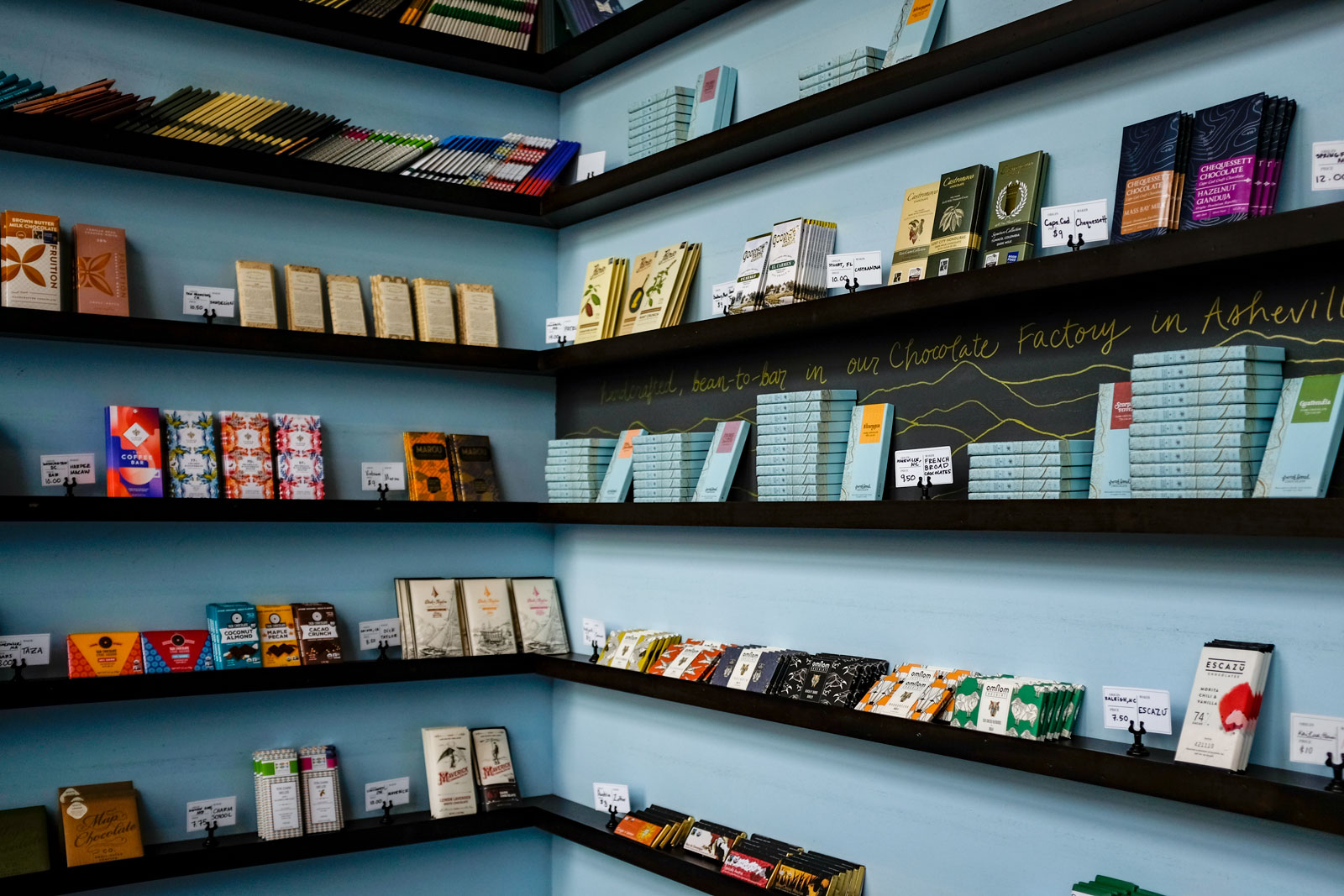 French Broad Chocolate Library Chocolate Bars on a shelf