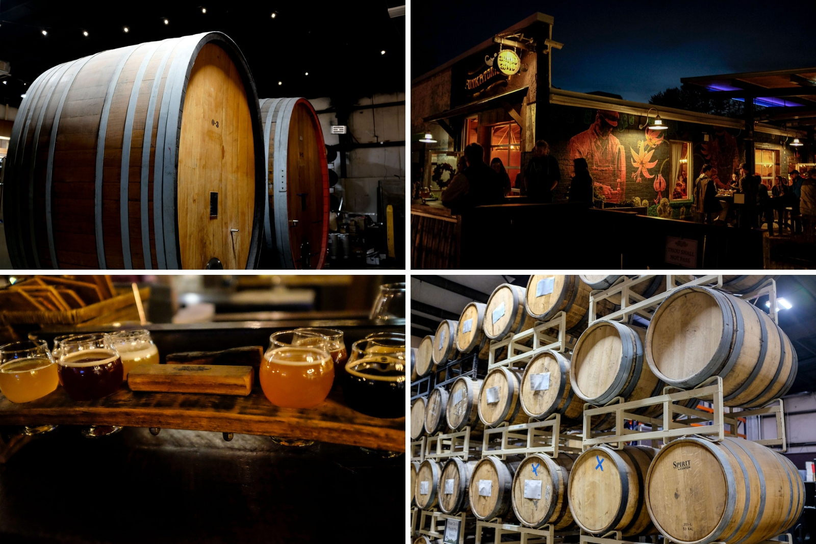 Four images taken of the barrels, exterior, and beers at Funkatorium Asheville