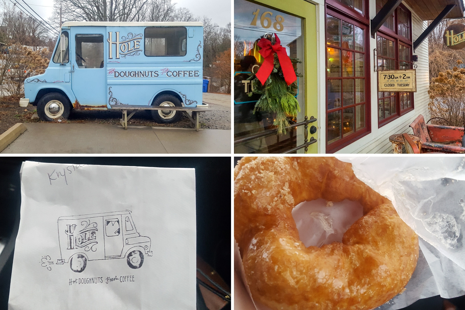 Four images of Hole Asheville, including the tiny truck, entrance, to-go bag, and a fresh donut