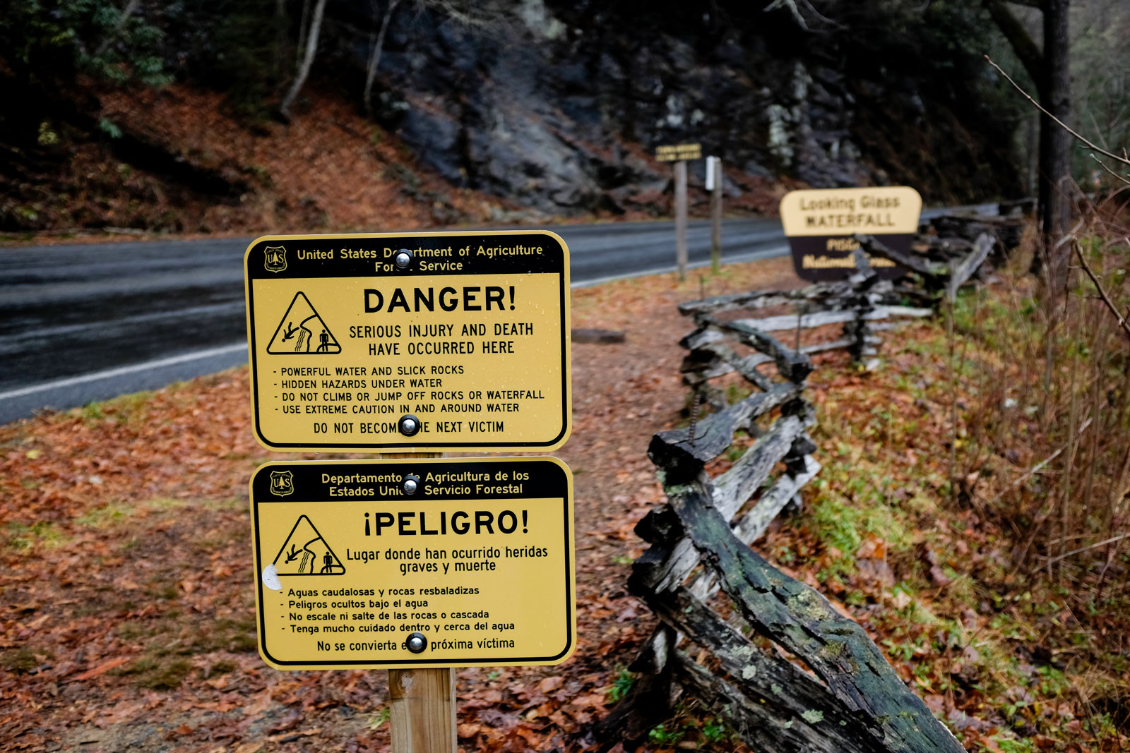 A Danger sign at Looking Glass Falls 