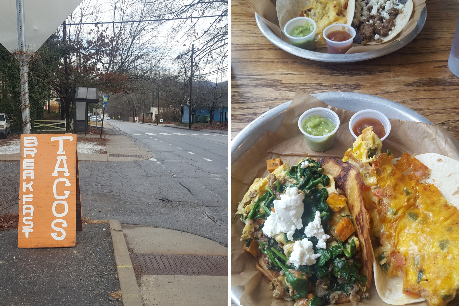 The sign at Taco Billy Asheville and a plate of tacos