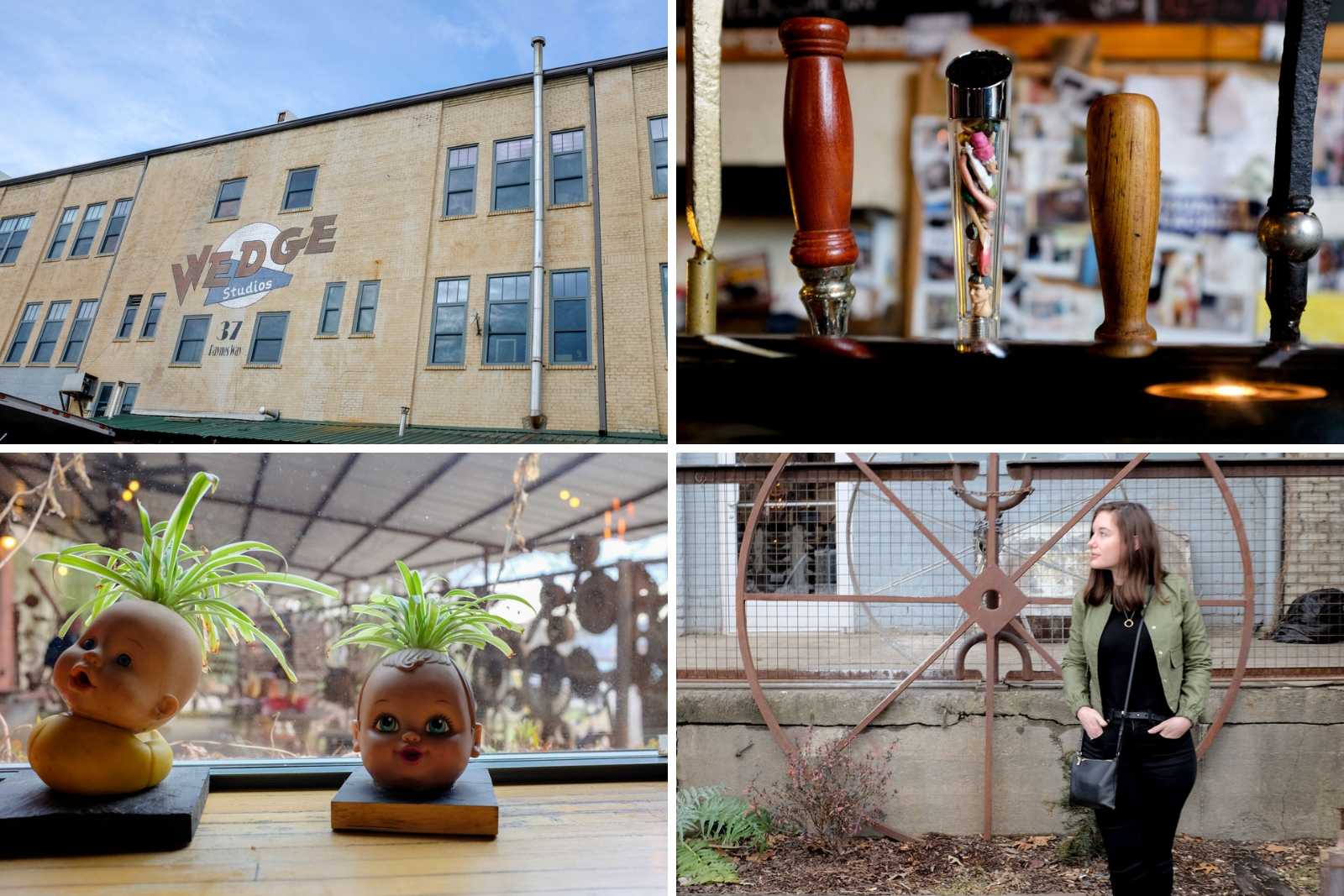 Four images taken at Wedge Asheville, including the exterior, unique decor inside, and Alyssa posing outside