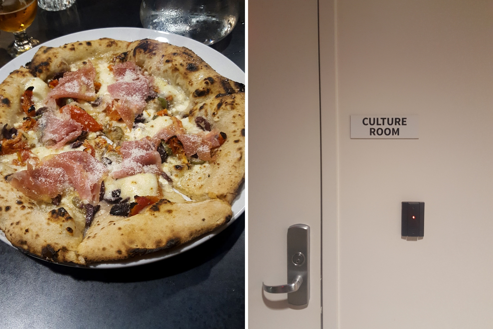 Two images: a pizza, and a door with a sign that reads "culture room"
