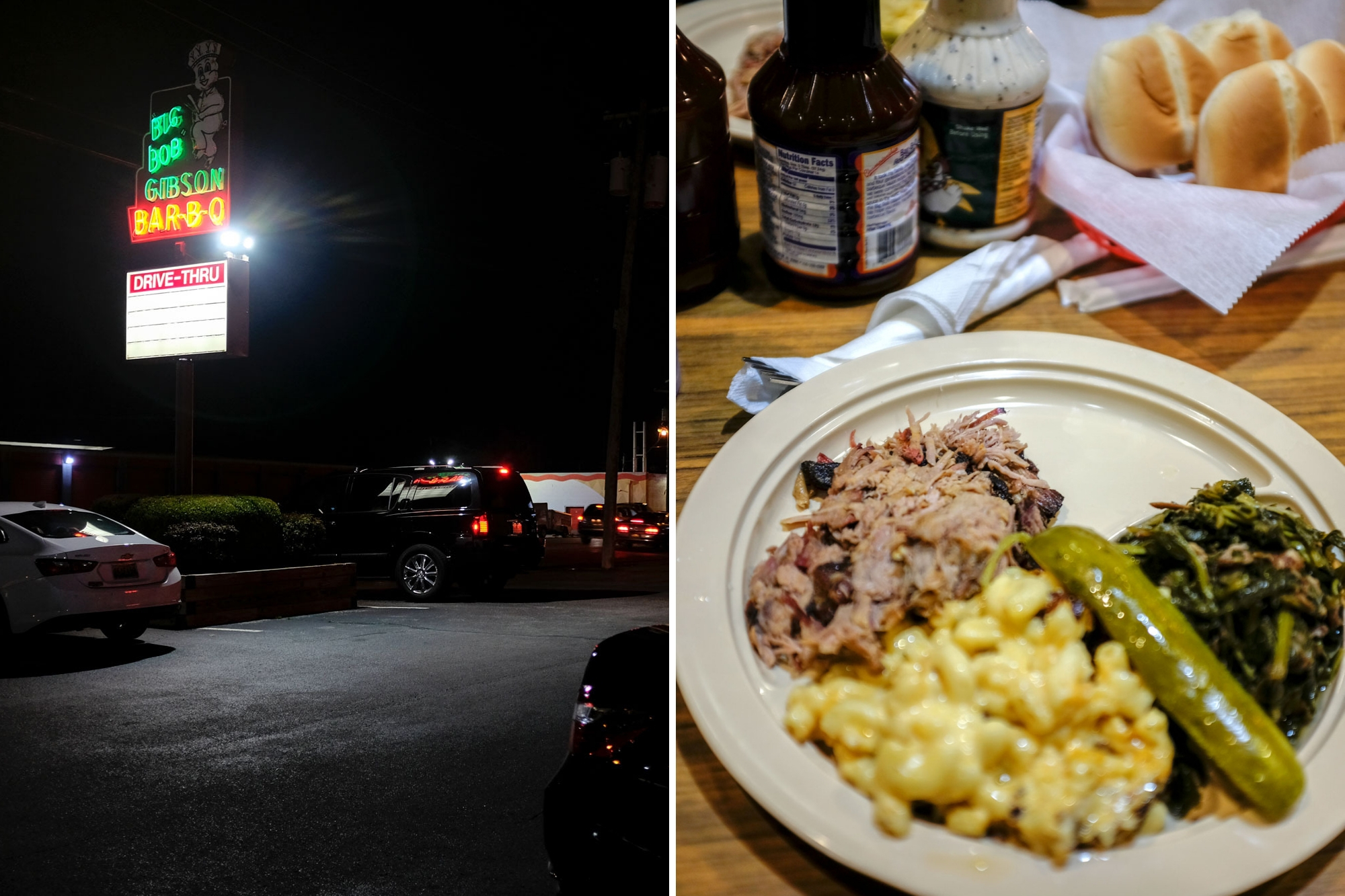 Collage: Outside of Big Bob Gibson's restaurant and bbq plate
