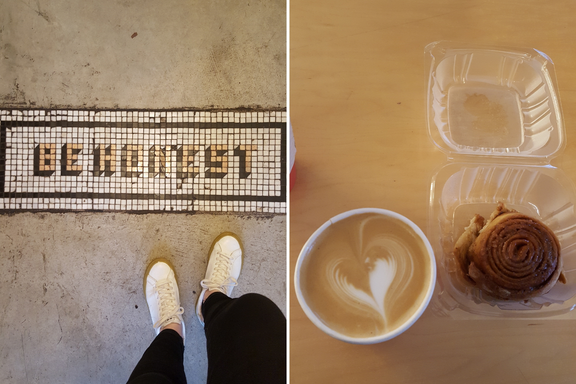 Collage: tiled floor at Honest and a picture of a pastry and coffee