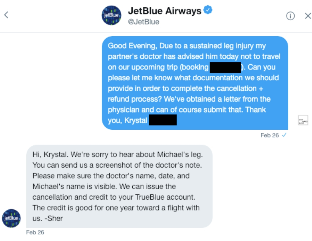 Conversation on Twitter with Jetblue