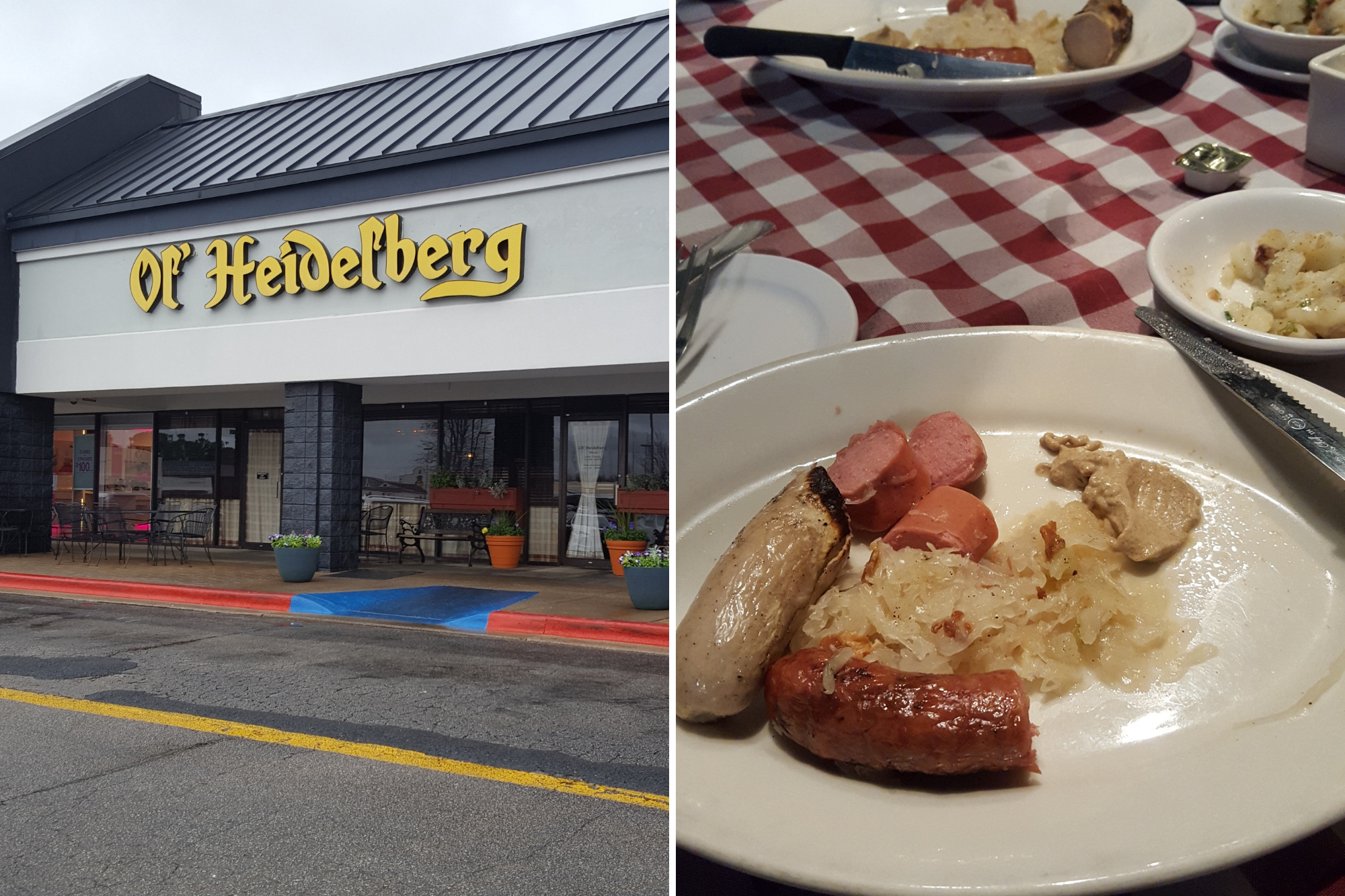 The exterior of a German restaurant and sausage plate in Huntsville