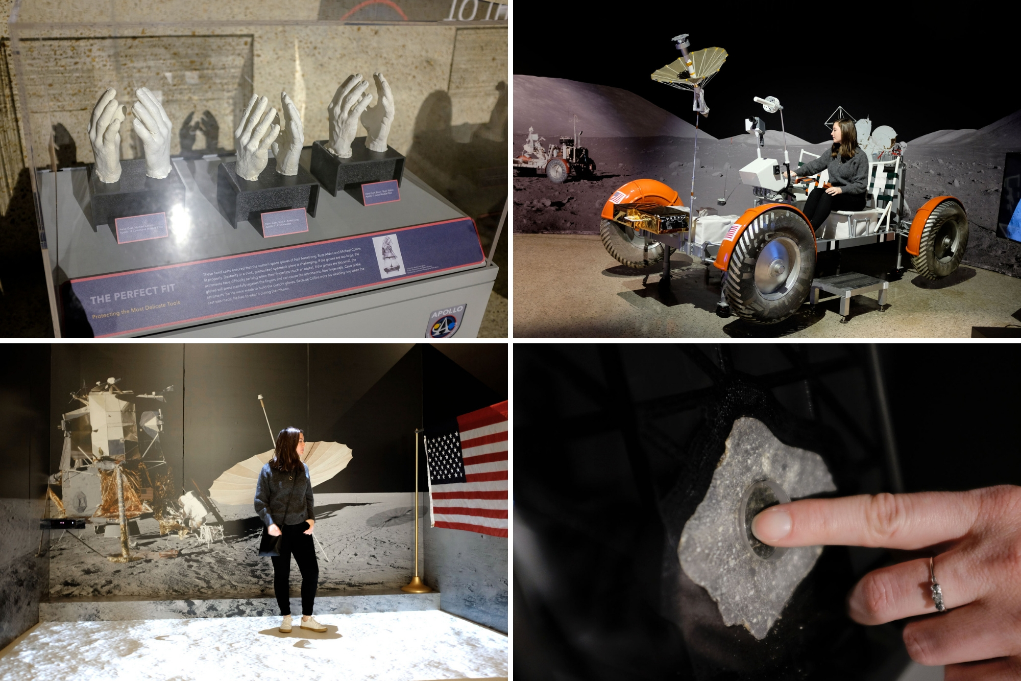 Collage: Alyssa in the moon landing exhibit at the U.S. Space & Rocket Center