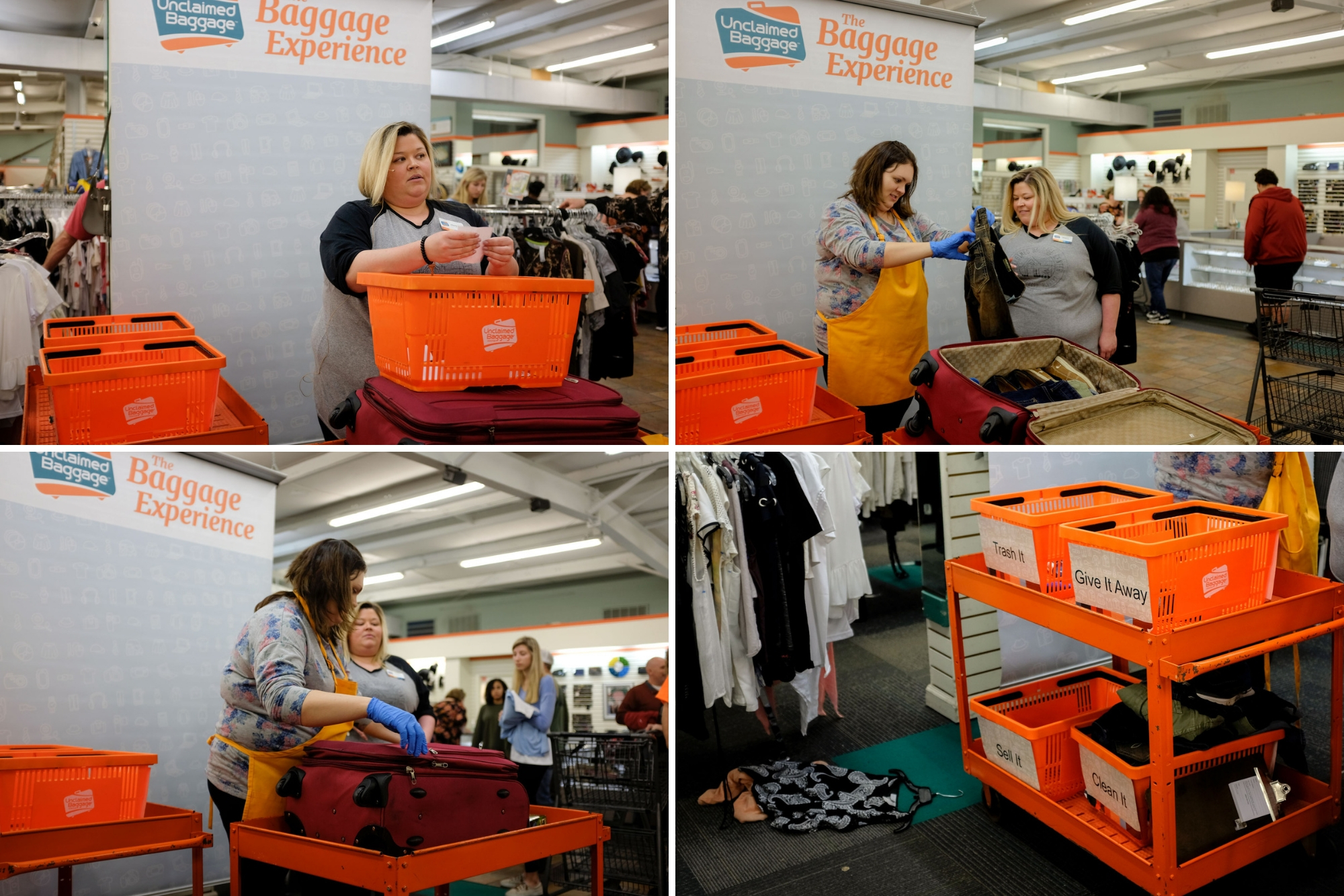 Photo Collage: Store employee and chosen customer opening and sorting contents of suitcase